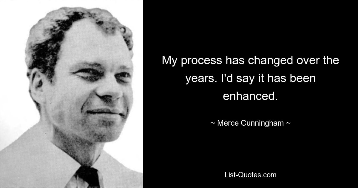 My process has changed over the years. I'd say it has been enhanced. — © Merce Cunningham