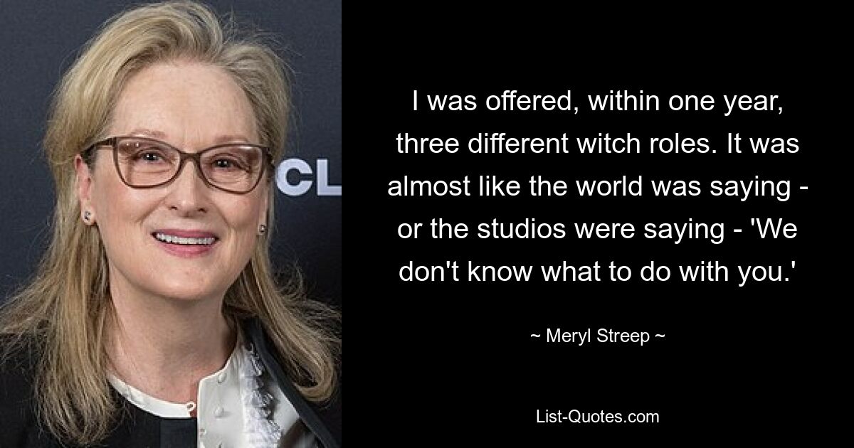 I was offered, within one year, three different witch roles. It was almost like the world was saying - or the studios were saying - 'We don't know what to do with you.' — © Meryl Streep