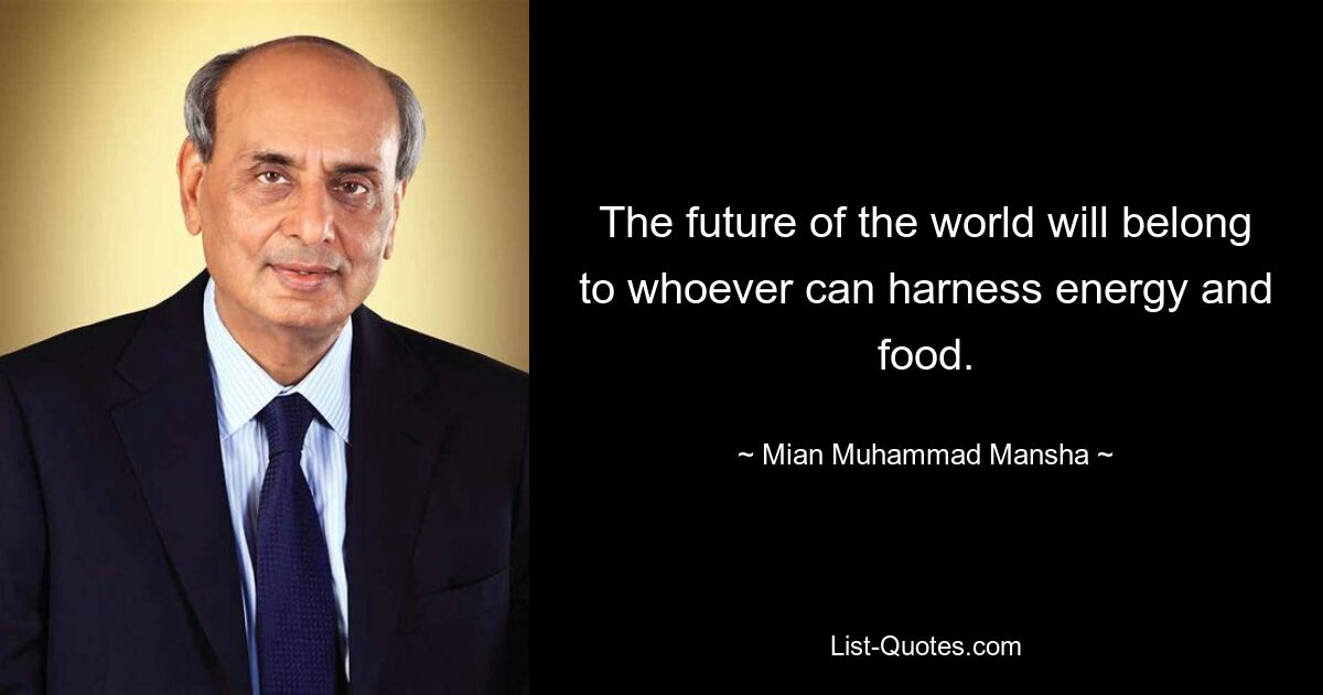 The future of the world will belong to whoever can harness energy and food. — © Mian Muhammad Mansha