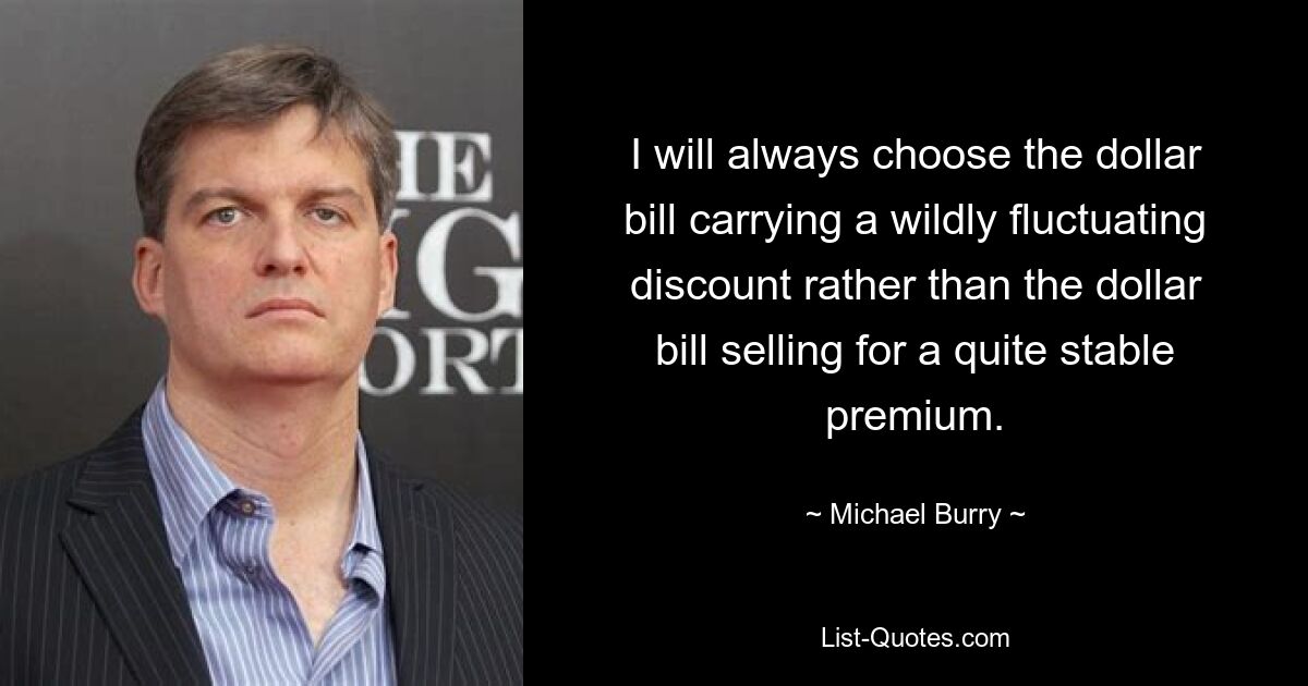 I will always choose the dollar bill carrying a wildly fluctuating discount rather than the dollar bill selling for a quite stable premium. — © Michael Burry