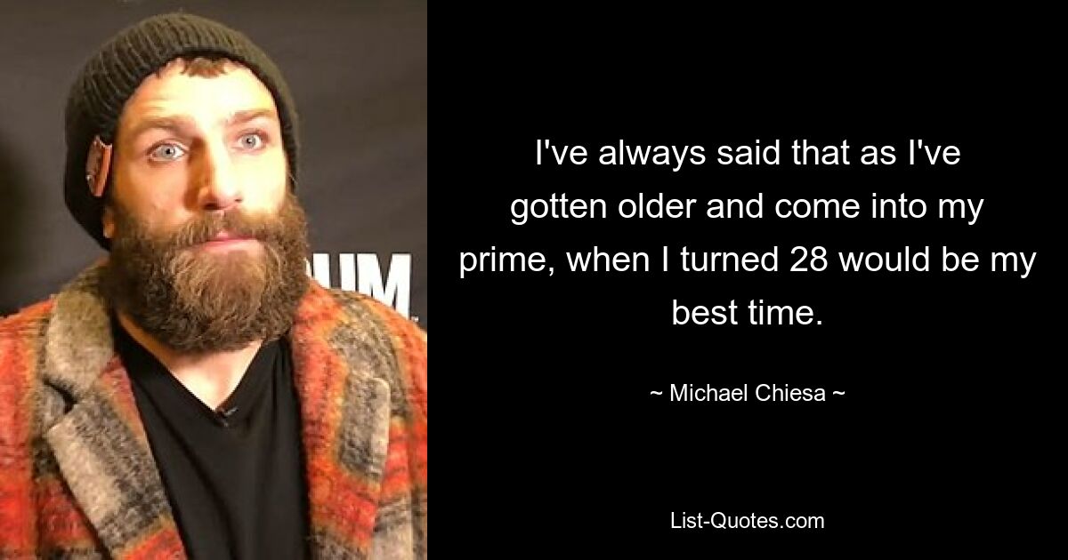 I've always said that as I've gotten older and come into my prime, when I turned 28 would be my best time. — © Michael Chiesa