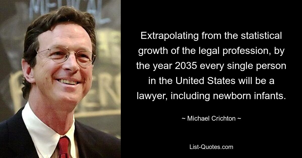 Extrapolating from the statistical growth of the legal profession, by the year 2035 every single person in the United States will be a lawyer, including newborn infants. — © Michael Crichton