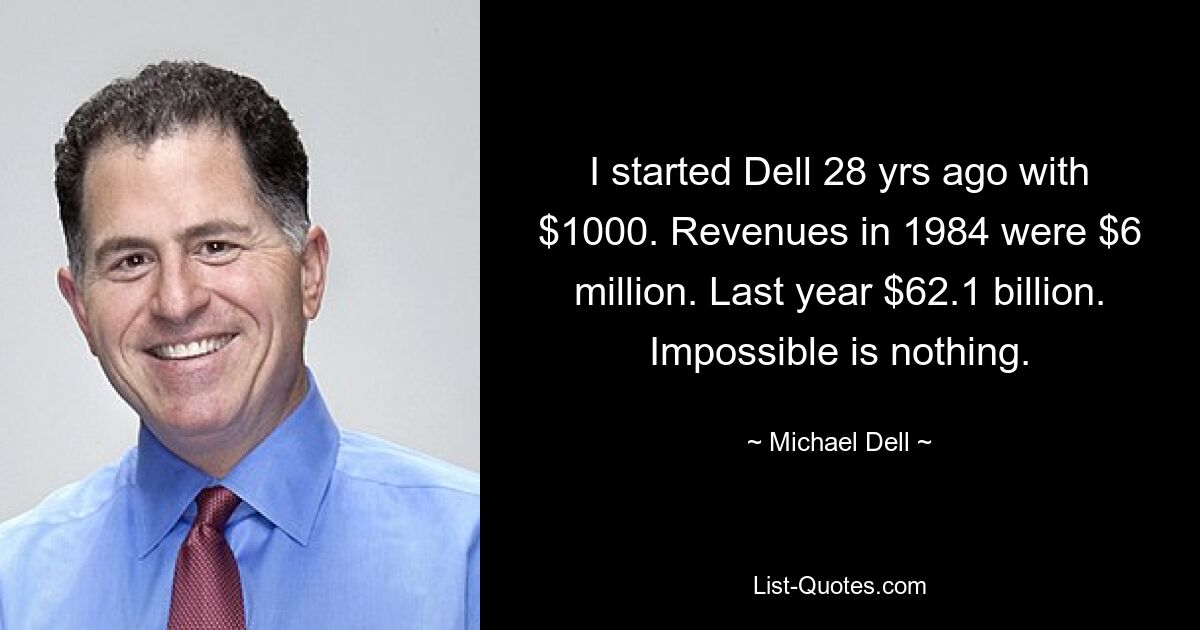 I started Dell 28 yrs ago with $1000. Revenues in 1984 were $6 million. Last year $62.1 billion. Impossible is nothing. — © Michael Dell