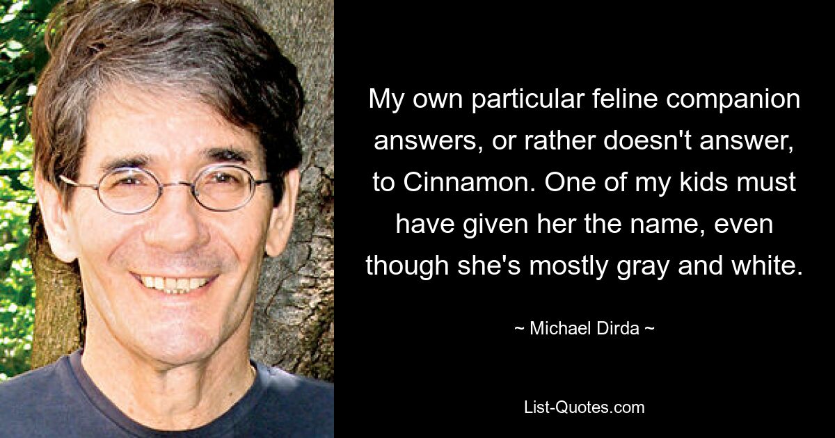 My own particular feline companion answers, or rather doesn't answer, to Cinnamon. One of my kids must have given her the name, even though she's mostly gray and white. — © Michael Dirda