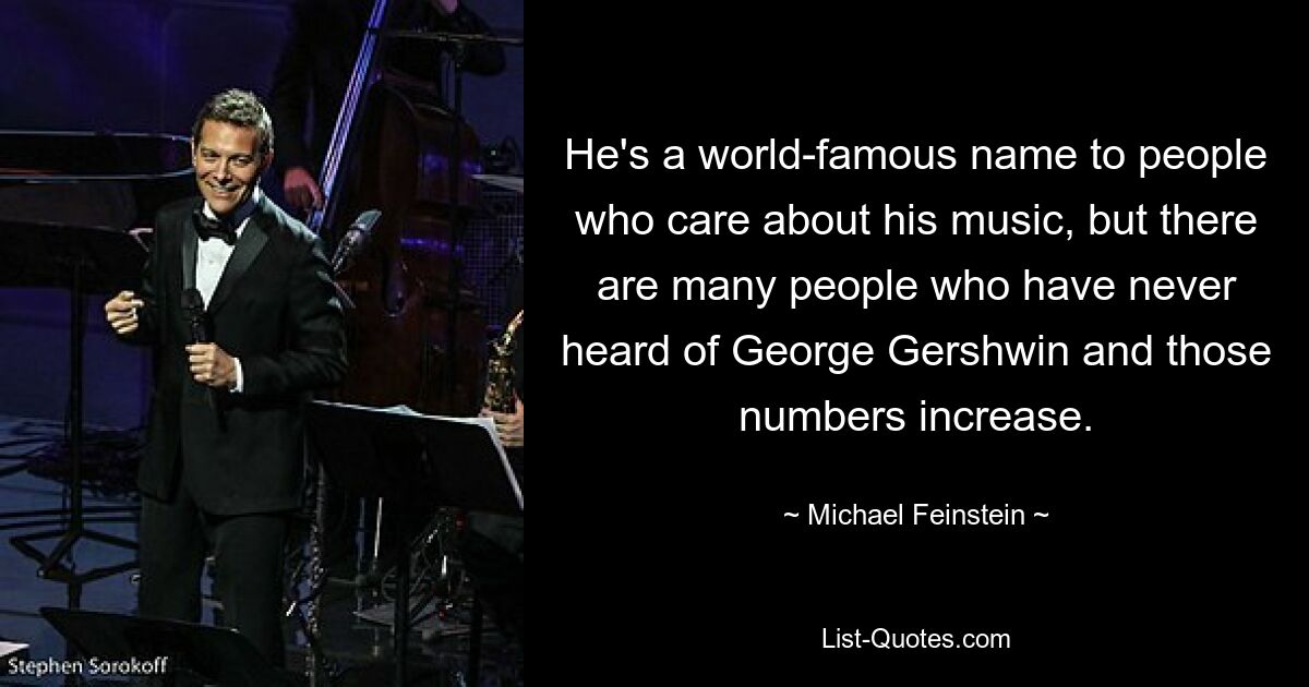 He's a world-famous name to people who care about his music, but there are many people who have never heard of George Gershwin and those numbers increase. — © Michael Feinstein