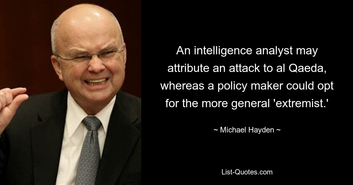 An intelligence analyst may attribute an attack to al Qaeda, whereas a policy maker could opt for the more general 'extremist.' — © Michael Hayden