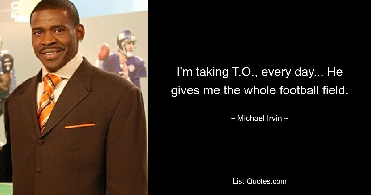 I'm taking T.O., every day... He gives me the whole football field. — © Michael Irvin