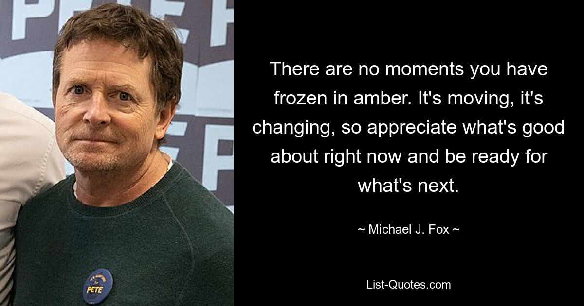 There are no moments you have frozen in amber. It's moving, it's changing, so appreciate what's good about right now and be ready for what's next. — © Michael J. Fox