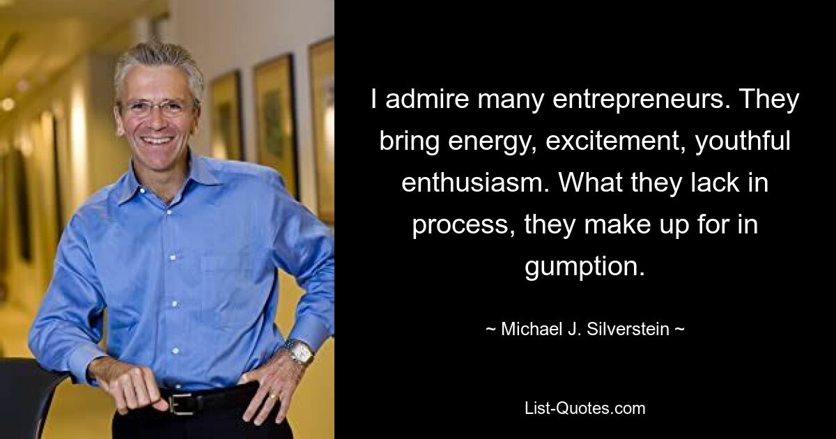 I admire many entrepreneurs. They bring energy, excitement, youthful enthusiasm. What they lack in process, they make up for in gumption. — © Michael J. Silverstein