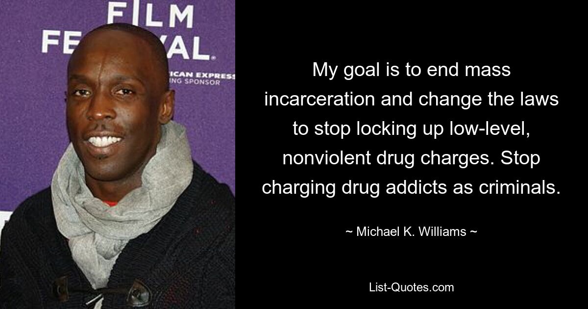 My goal is to end mass incarceration and change the laws to stop locking up low-level, nonviolent drug charges. Stop charging drug addicts as criminals. — © Michael K. Williams