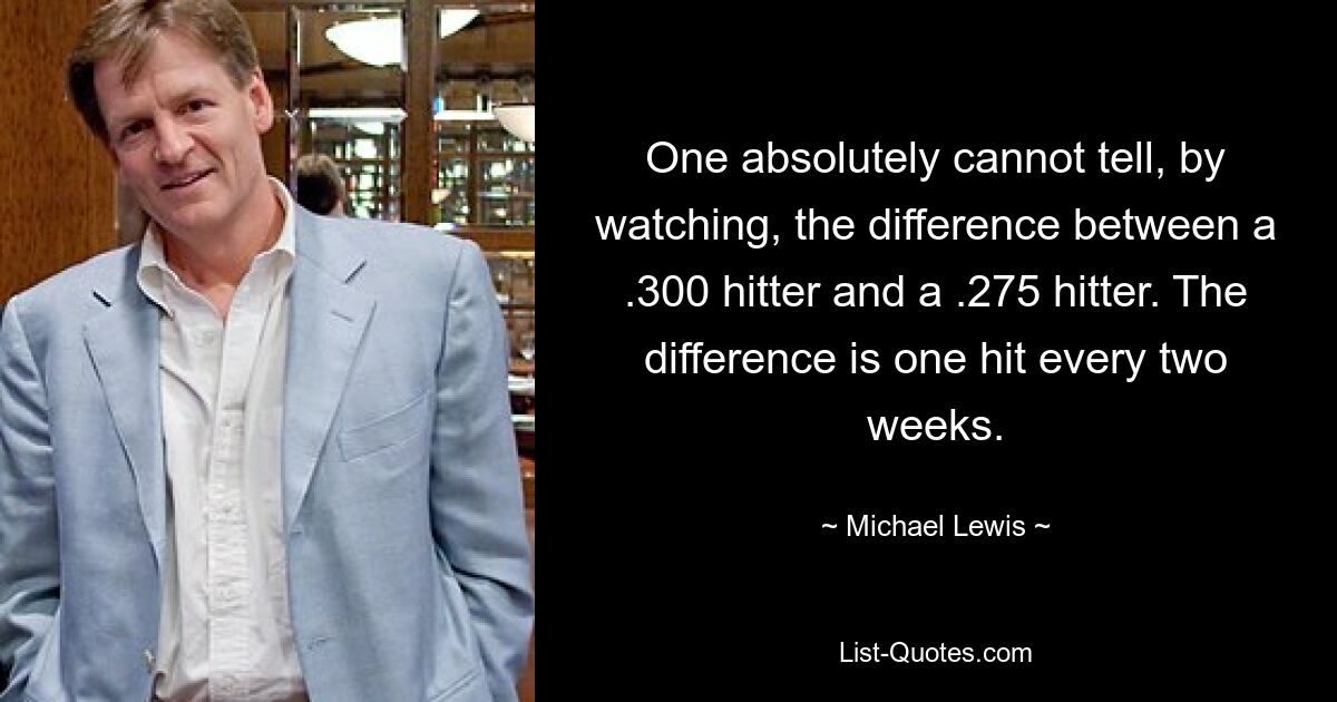 One absolutely cannot tell, by watching, the difference between a .300 hitter and a .275 hitter. The difference is one hit every two weeks. — © Michael Lewis