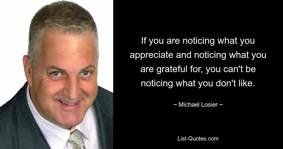 If you are noticing what you appreciate and noticing what you are grateful for, you can't be noticing what you don't like. — © Michael Losier