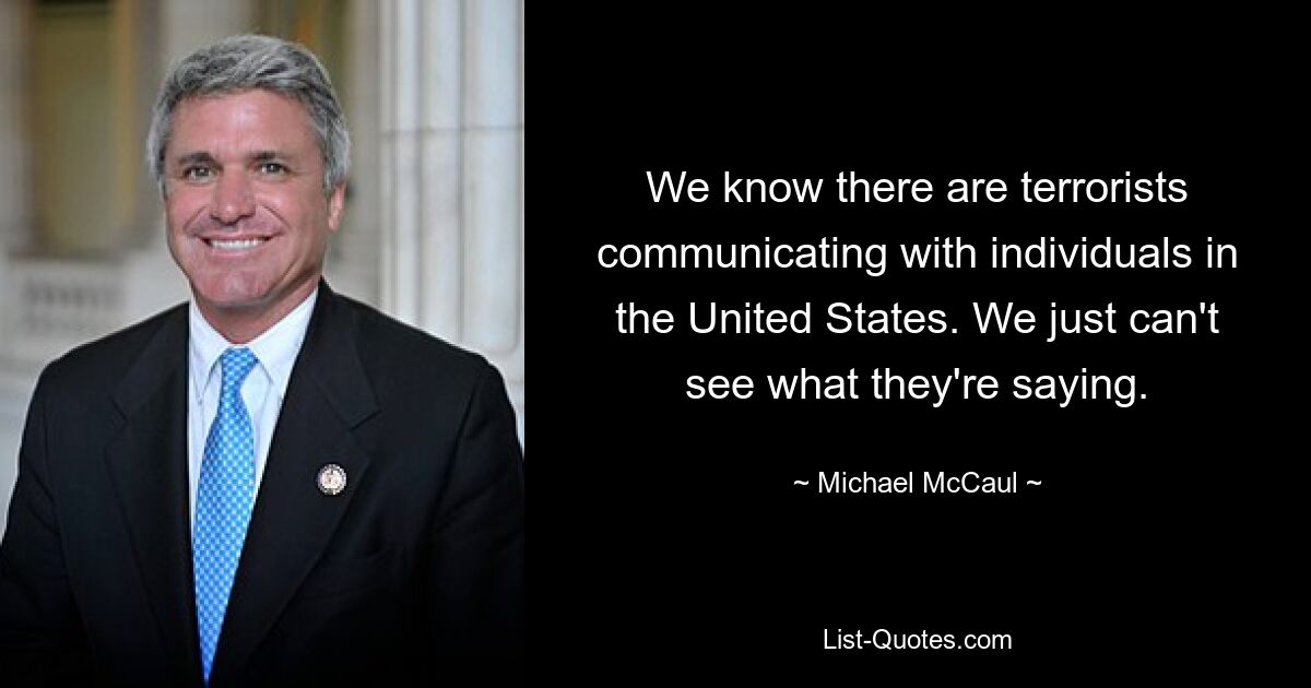 We know there are terrorists communicating with individuals in the United States. We just can't see what they're saying. — © Michael McCaul