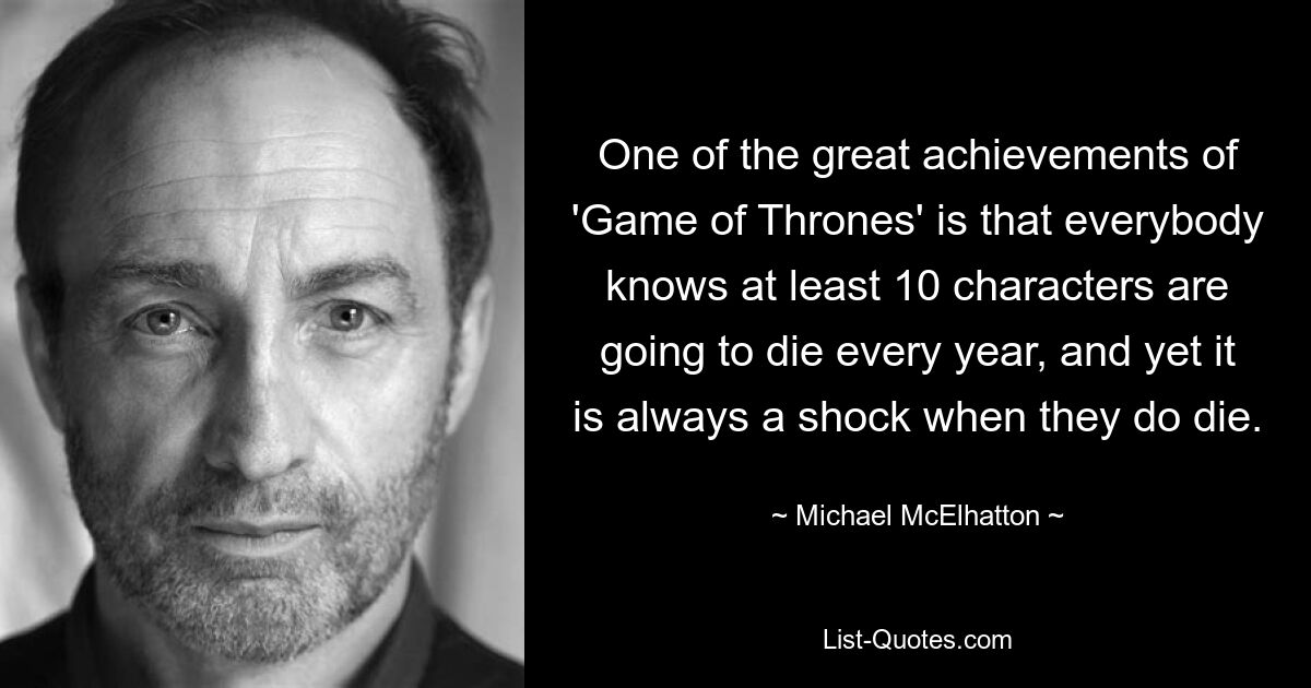 One of the great achievements of 'Game of Thrones' is that everybody knows at least 10 characters are going to die every year, and yet it is always a shock when they do die. — © Michael McElhatton