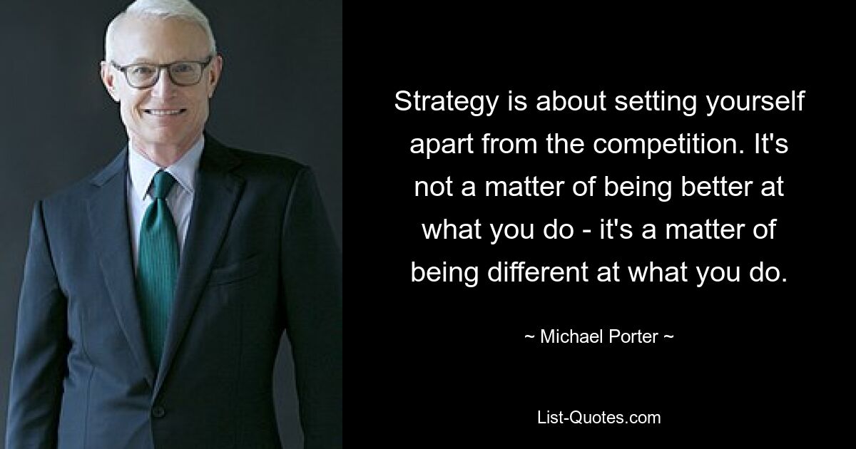 Strategy is about setting yourself apart from the competition. It's not a matter of being better at what you do - it's a matter of being different at what you do. — © Michael Porter