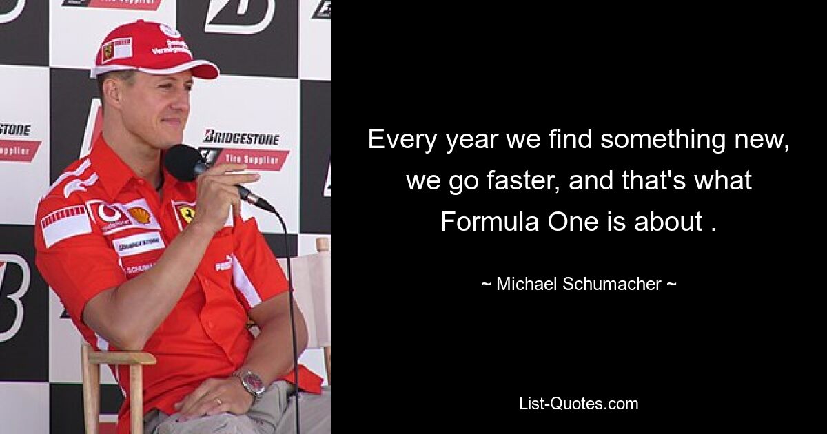 Every year we find something new, we go faster, and that's what Formula One is about . — © Michael Schumacher