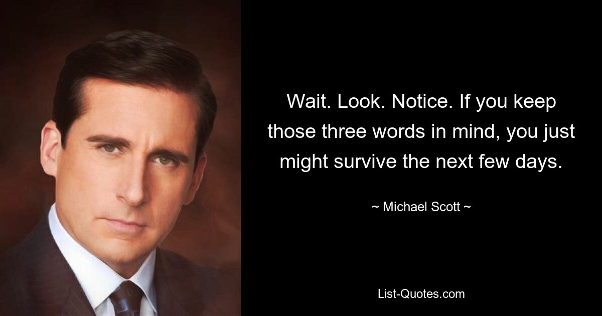 Wait. Look. Notice. If you keep those three words in mind, you just might survive the next few days. — © Michael Scott