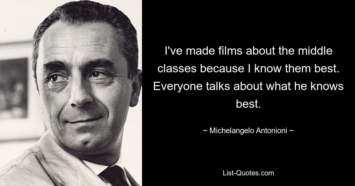 I've made films about the middle classes because I know them best. Everyone talks about what he knows best. — © Michelangelo Antonioni