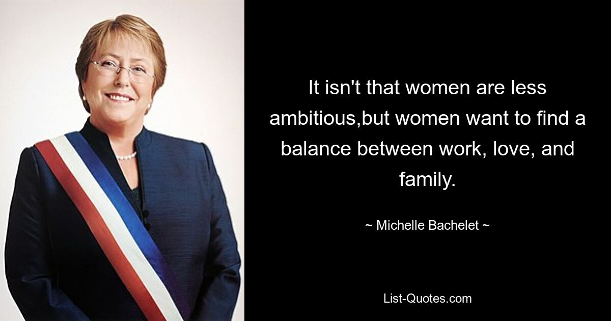 It isn't that women are less ambitious,but women want to find a balance between work, love, and family. — © Michelle Bachelet