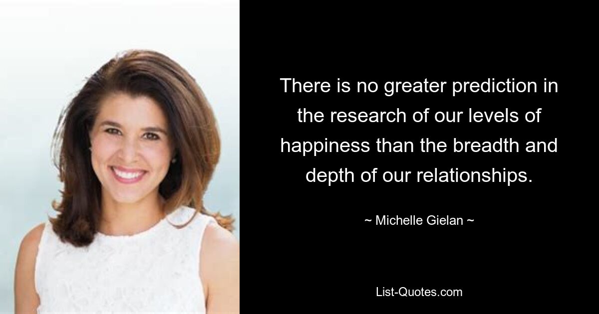 There is no greater prediction in the research of our levels of happiness than the breadth and depth of our relationships. — © Michelle Gielan