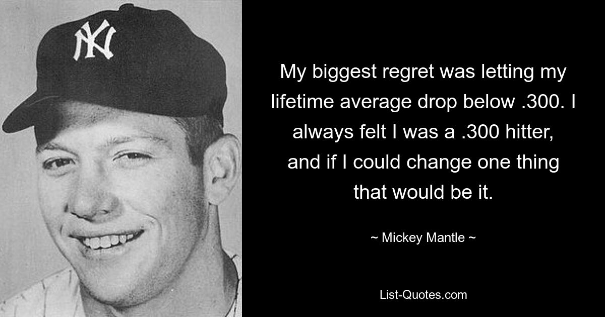 My biggest regret was letting my lifetime average drop below .300. I always felt I was a .300 hitter, and if I could change one thing that would be it. — © Mickey Mantle