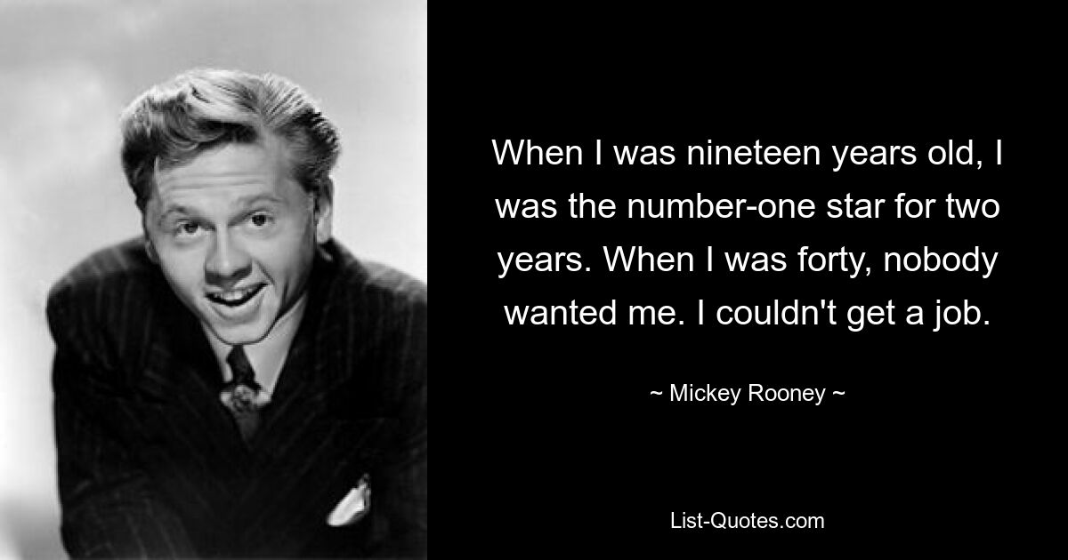 When I was nineteen years old, I was the number-one star for two years. When I was forty, nobody wanted me. I couldn't get a job. — © Mickey Rooney