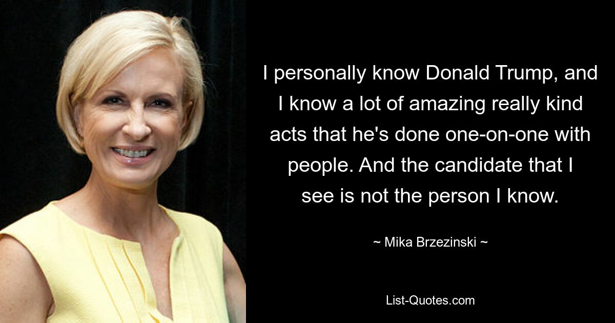 I personally know Donald Trump, and I know a lot of amazing really kind acts that he's done one-on-one with people. And the candidate that I see is not the person I know. — © Mika Brzezinski