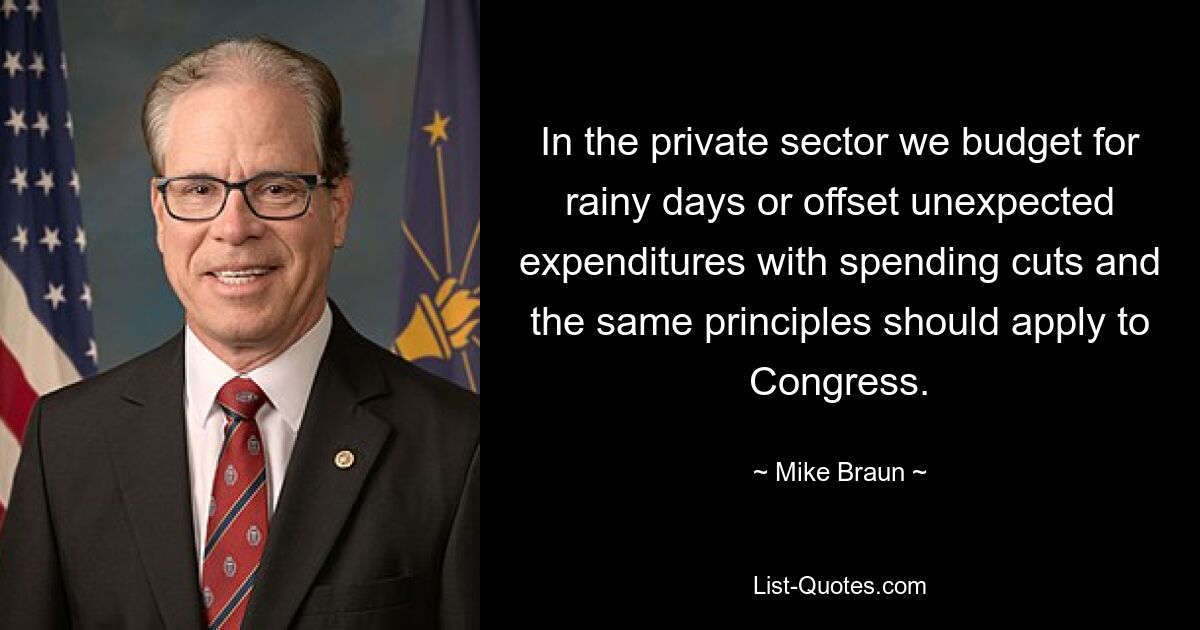 In the private sector we budget for rainy days or offset unexpected expenditures with spending cuts and the same principles should apply to Congress. — © Mike Braun