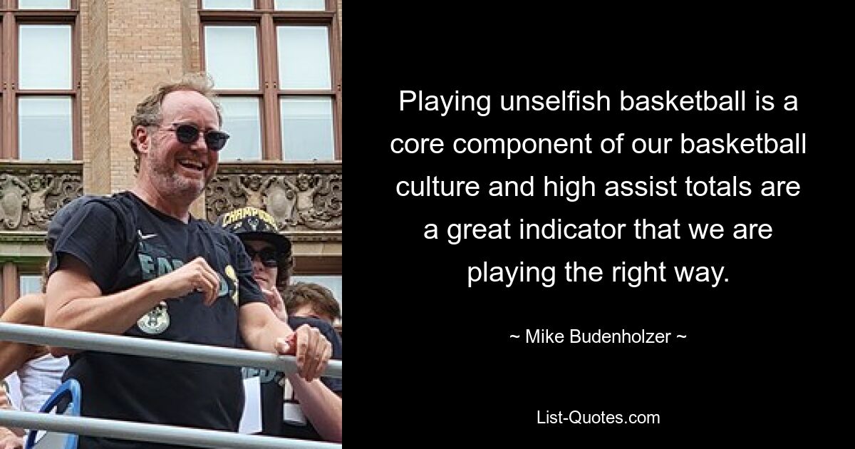 Playing unselfish basketball is a core component of our basketball culture and high assist totals are a great indicator that we are playing the right way. — © Mike Budenholzer