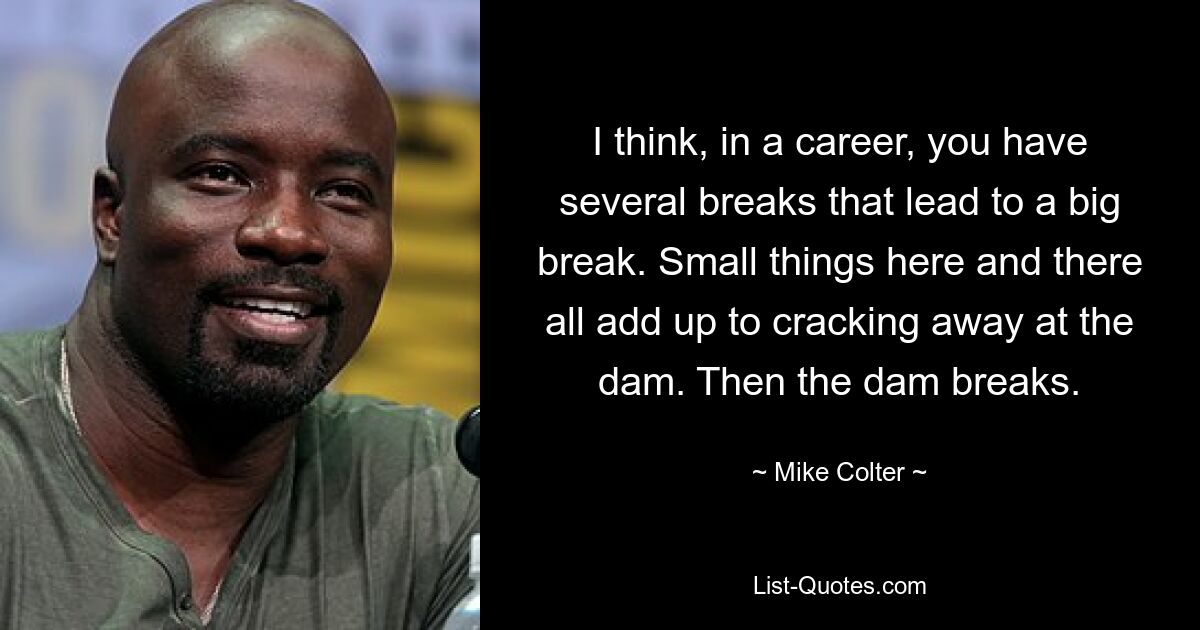 I think, in a career, you have several breaks that lead to a big break. Small things here and there all add up to cracking away at the dam. Then the dam breaks. — © Mike Colter