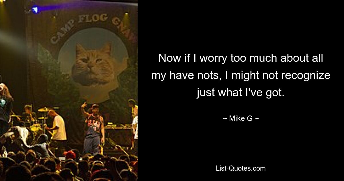 Now if I worry too much about all my have nots, I might not recognize just what I've got. — © Mike G