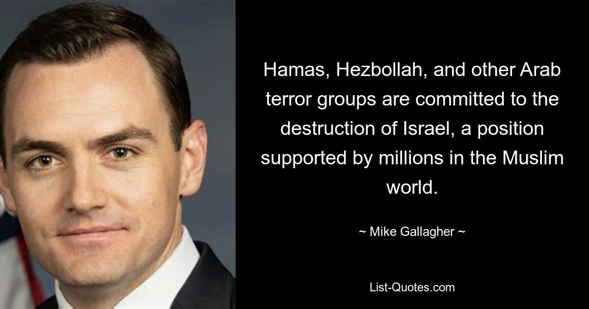 Hamas, Hezbollah, and other Arab terror groups are committed to the destruction of Israel, a position supported by millions in the Muslim world. — © Mike Gallagher