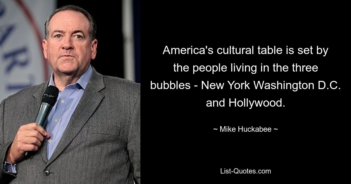 America's cultural table is set by the people living in the three bubbles - New York Washington D.C. and Hollywood. — © Mike Huckabee