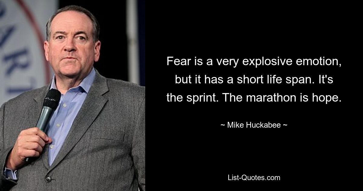 Fear is a very explosive emotion, but it has a short life span. It's the sprint. The marathon is hope. — © Mike Huckabee