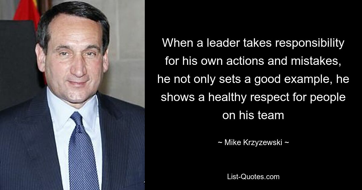 When a leader takes responsibility for his own actions and mistakes, he not only sets a good example, he shows a healthy respect for people on his team — © Mike Krzyzewski