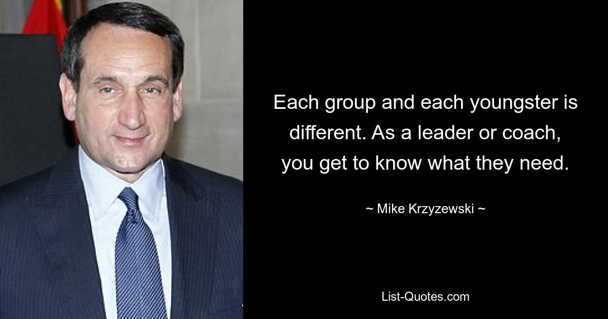 Each group and each youngster is different. As a leader or coach, you get to know what they need. — © Mike Krzyzewski