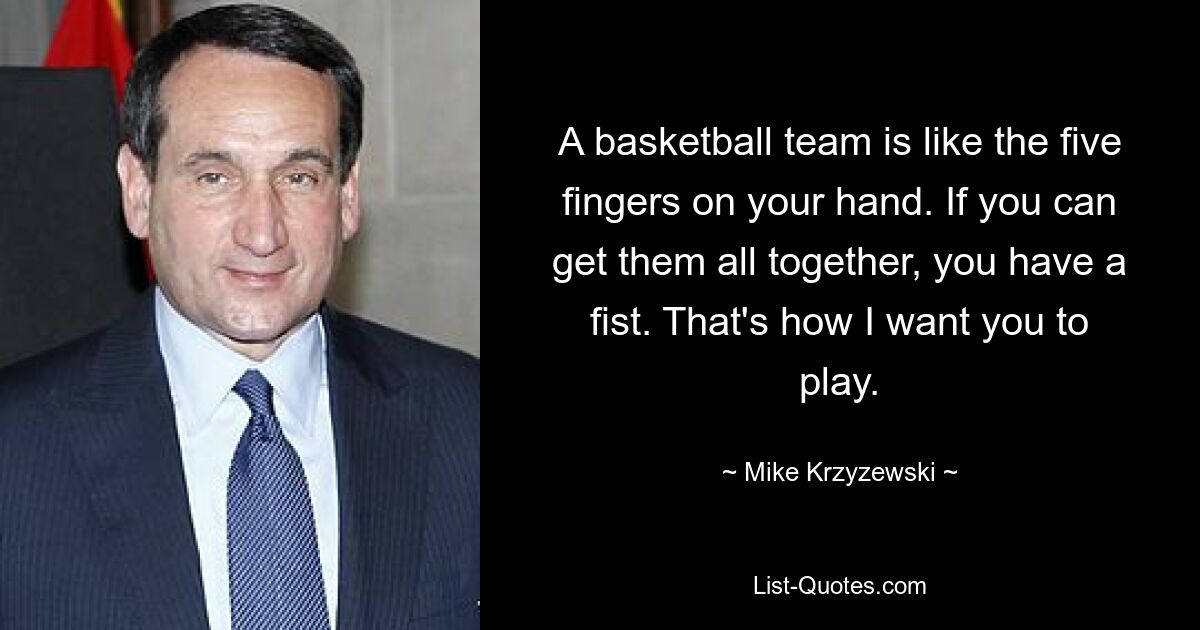 A basketball team is like the five fingers on your hand. If you can get them all together, you have a fist. That's how I want you to play. — © Mike Krzyzewski