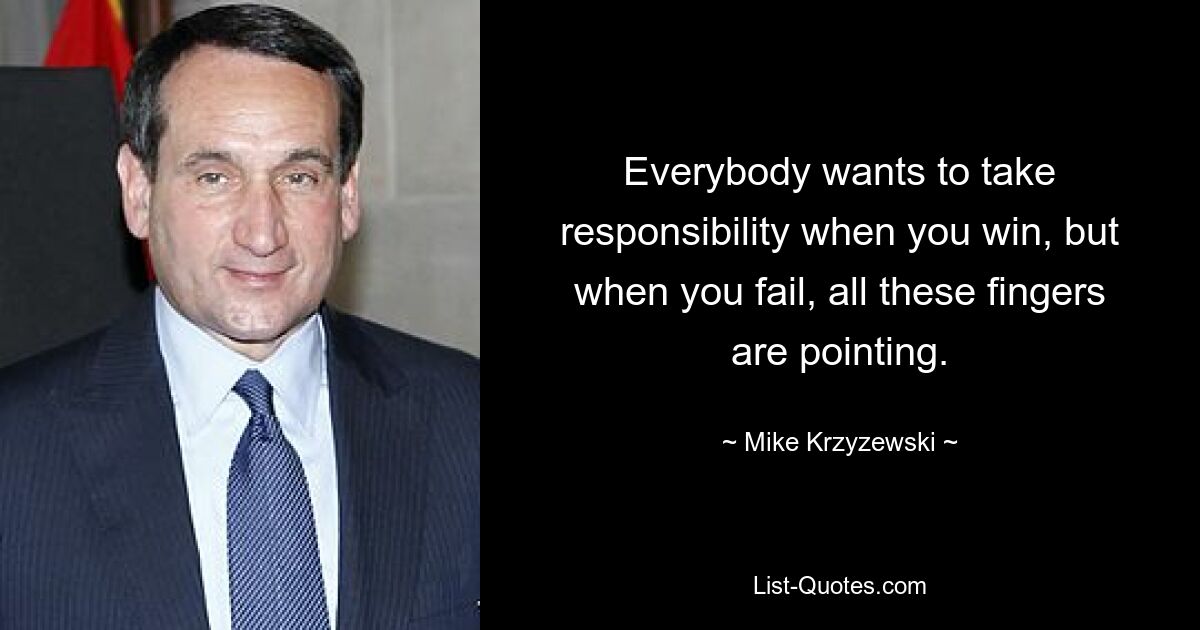 Everybody wants to take responsibility when you win, but when you fail, all these fingers are pointing. — © Mike Krzyzewski