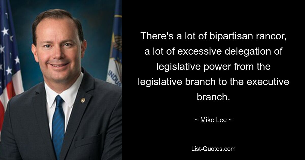 There's a lot of bipartisan rancor, a lot of excessive delegation of legislative power from the legislative branch to the executive branch. — © Mike Lee