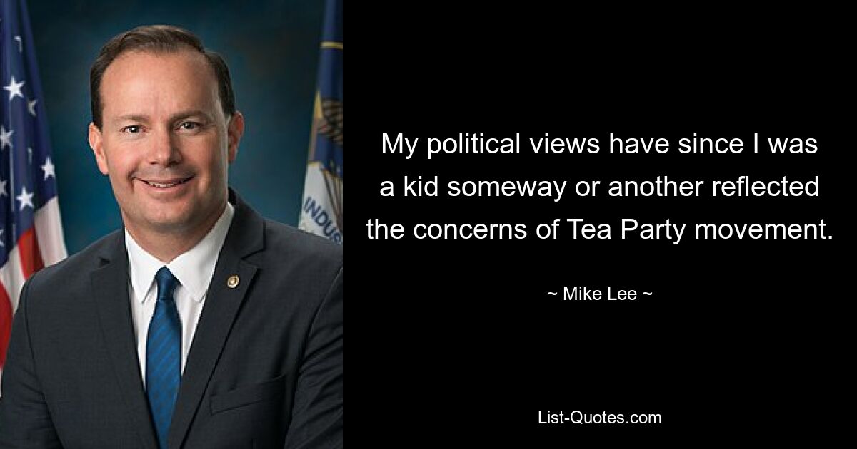 My political views have since I was a kid someway or another reflected the concerns of Tea Party movement. — © Mike Lee