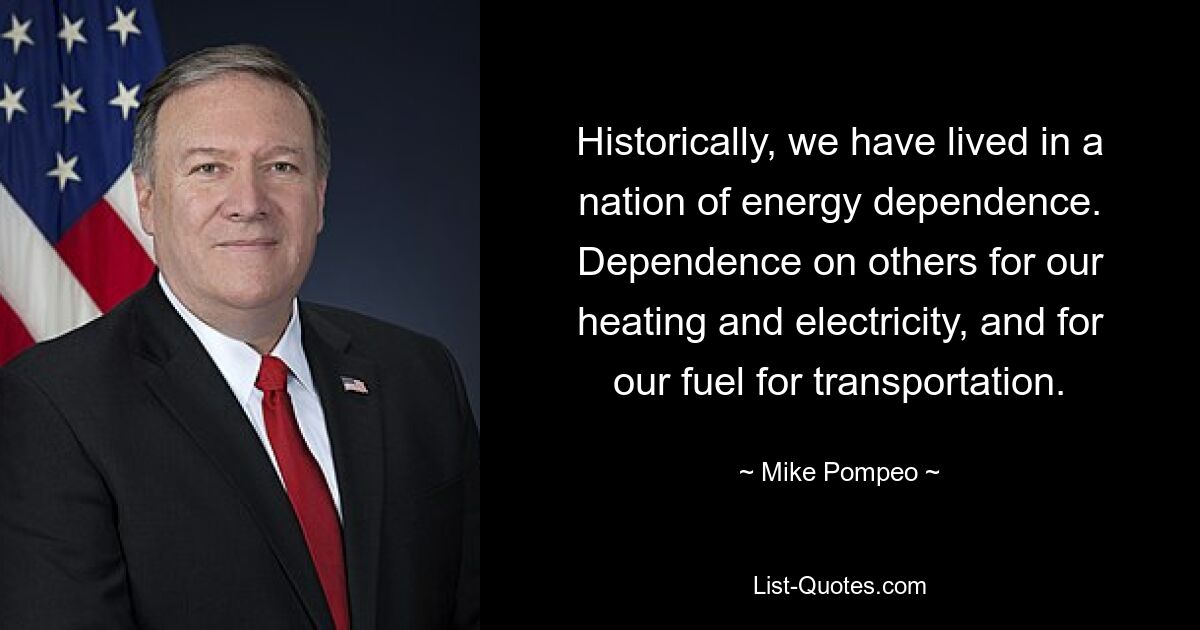 Historically, we have lived in a nation of energy dependence. Dependence on others for our heating and electricity, and for our fuel for transportation. — © Mike Pompeo