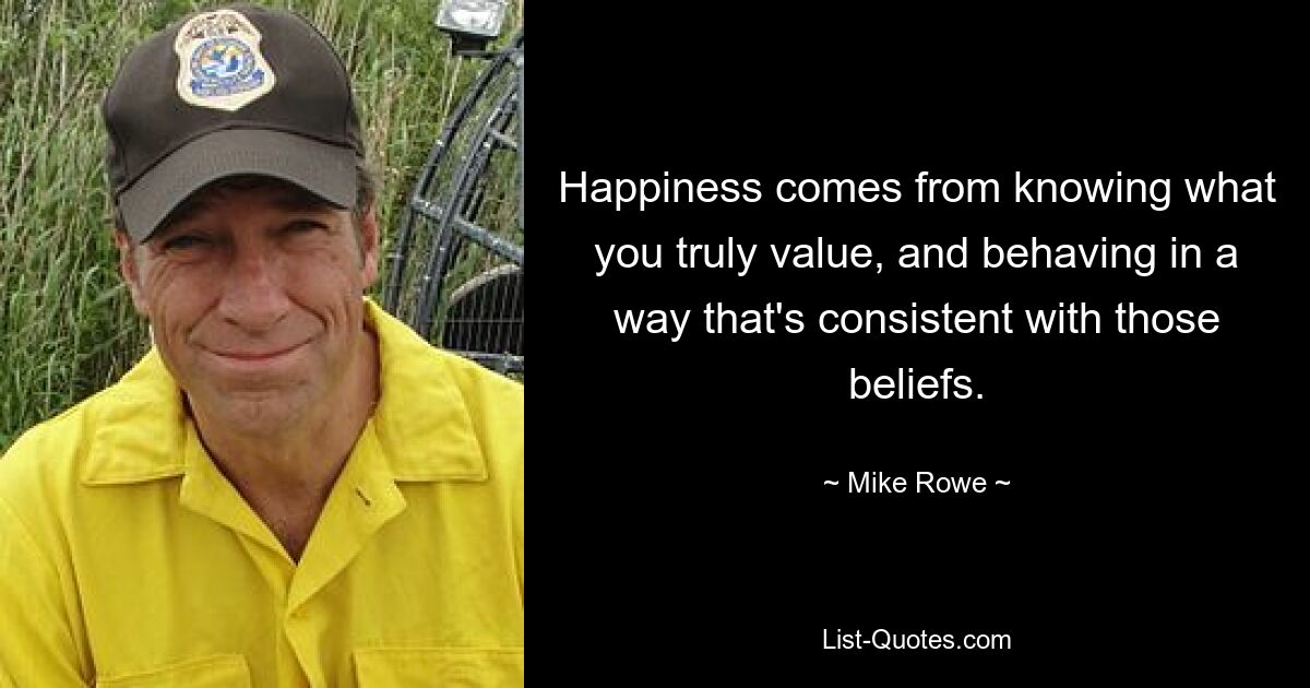 Happiness comes from knowing what you truly value, and behaving in a way that's consistent with those beliefs. — © Mike Rowe