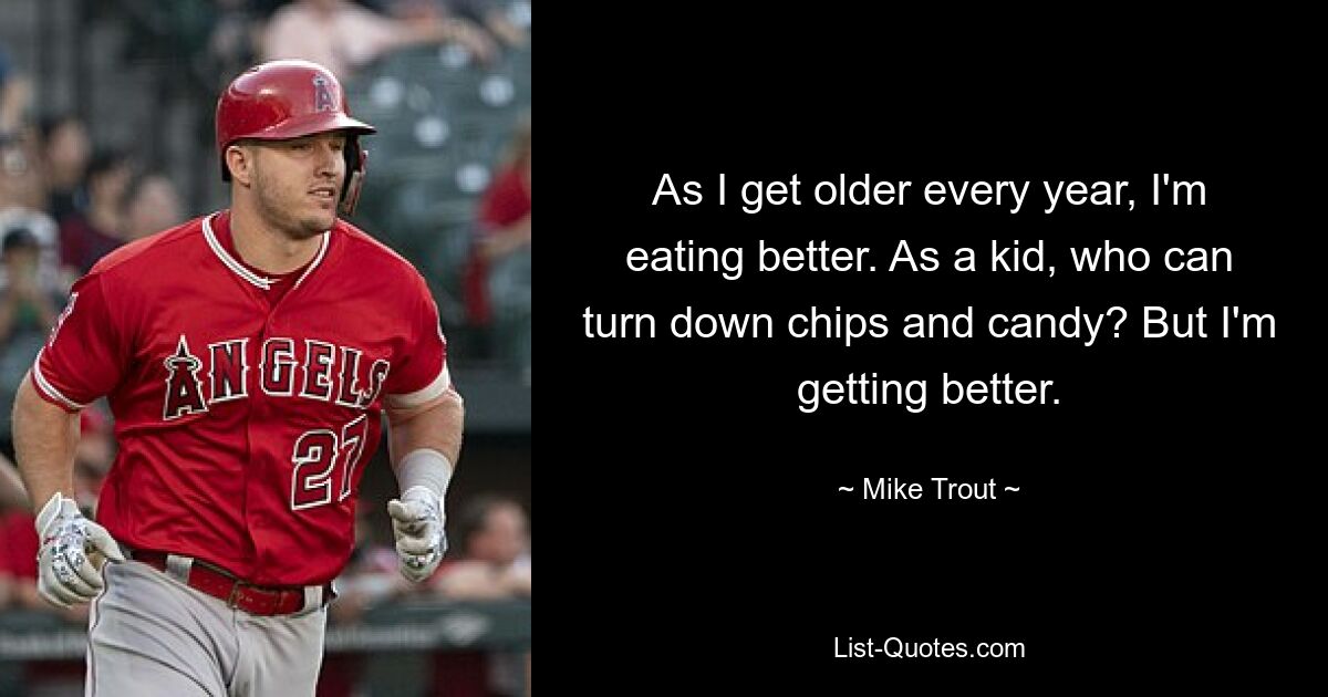 As I get older every year, I'm eating better. As a kid, who can turn down chips and candy? But I'm getting better. — © Mike Trout