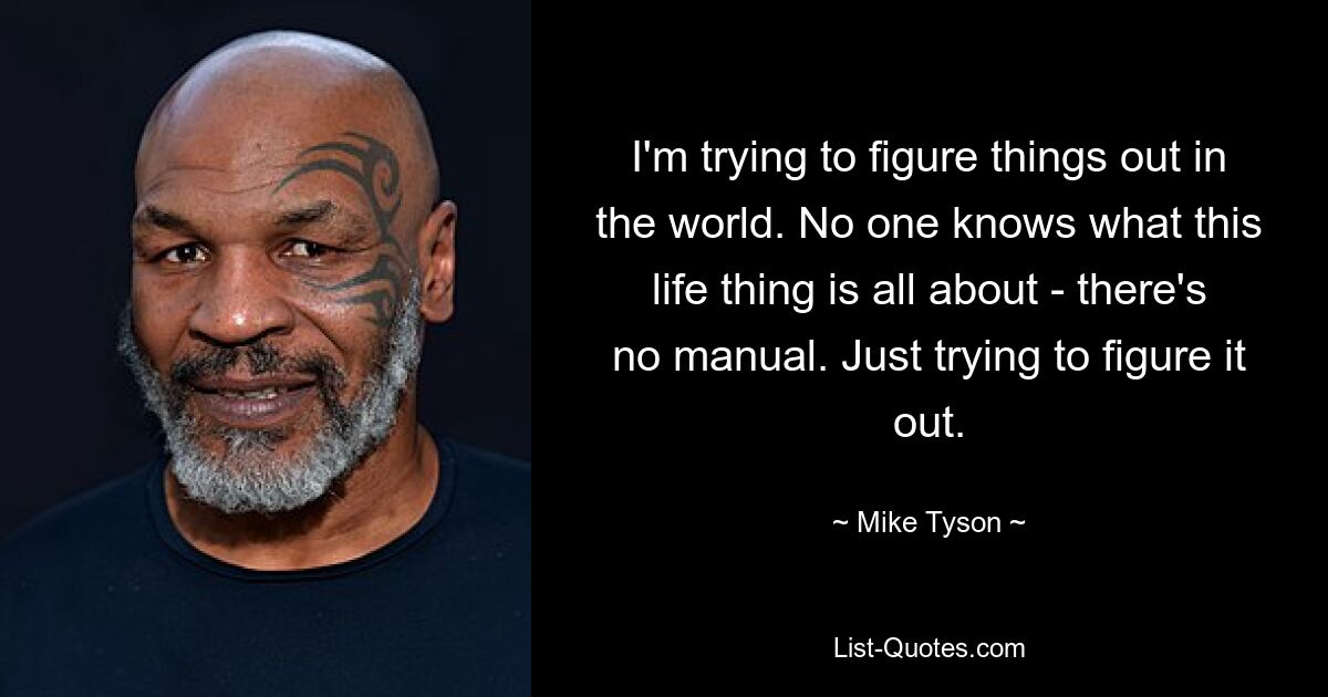 I'm trying to figure things out in the world. No one knows what this life thing is all about - there's no manual. Just trying to figure it out. — © Mike Tyson