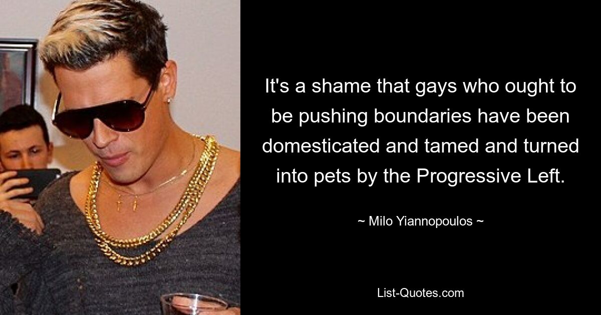 It's a shame that gays who ought to be pushing boundaries have been domesticated and tamed and turned into pets by the Progressive Left. — © Milo Yiannopoulos