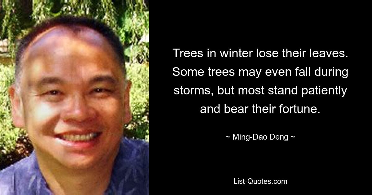 Trees in winter lose their leaves. Some trees may even fall during storms, but most stand patiently and bear their fortune. — © Ming-Dao Deng