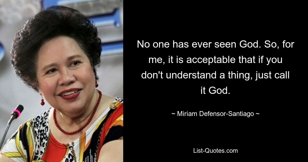 No one has ever seen God. So, for me, it is acceptable that if you don't understand a thing, just call it God. — © Miriam Defensor-Santiago