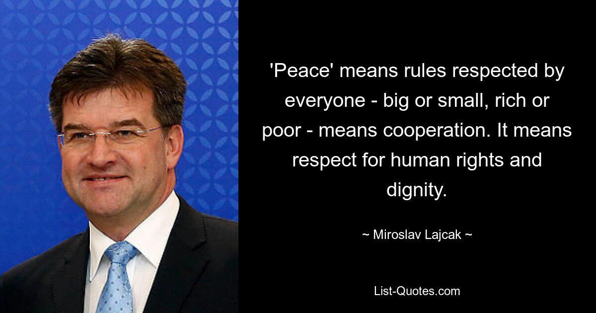 'Peace' means rules respected by everyone - big or small, rich or poor - means cooperation. It means respect for human rights and dignity. — © Miroslav Lajcak