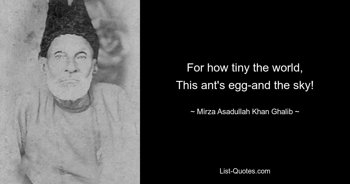 For how tiny the world,
This ant's egg-and the sky! — © Mirza Asadullah Khan Ghalib