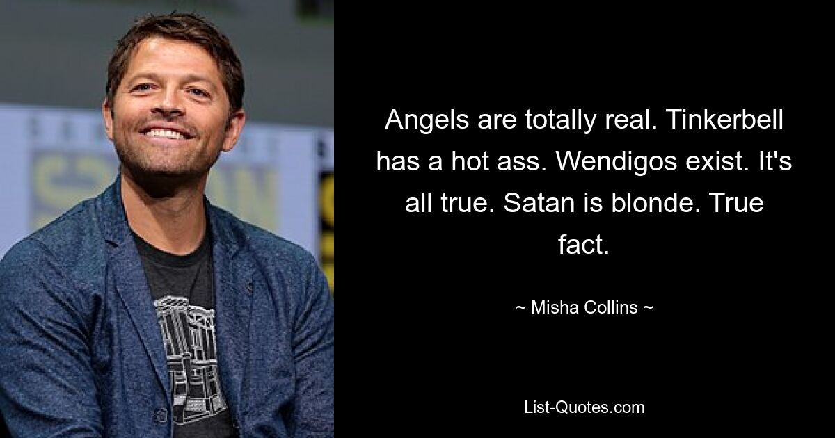 Angels are totally real. Tinkerbell has a hot ass. Wendigos exist. It's all true. Satan is blonde. True fact. — © Misha Collins